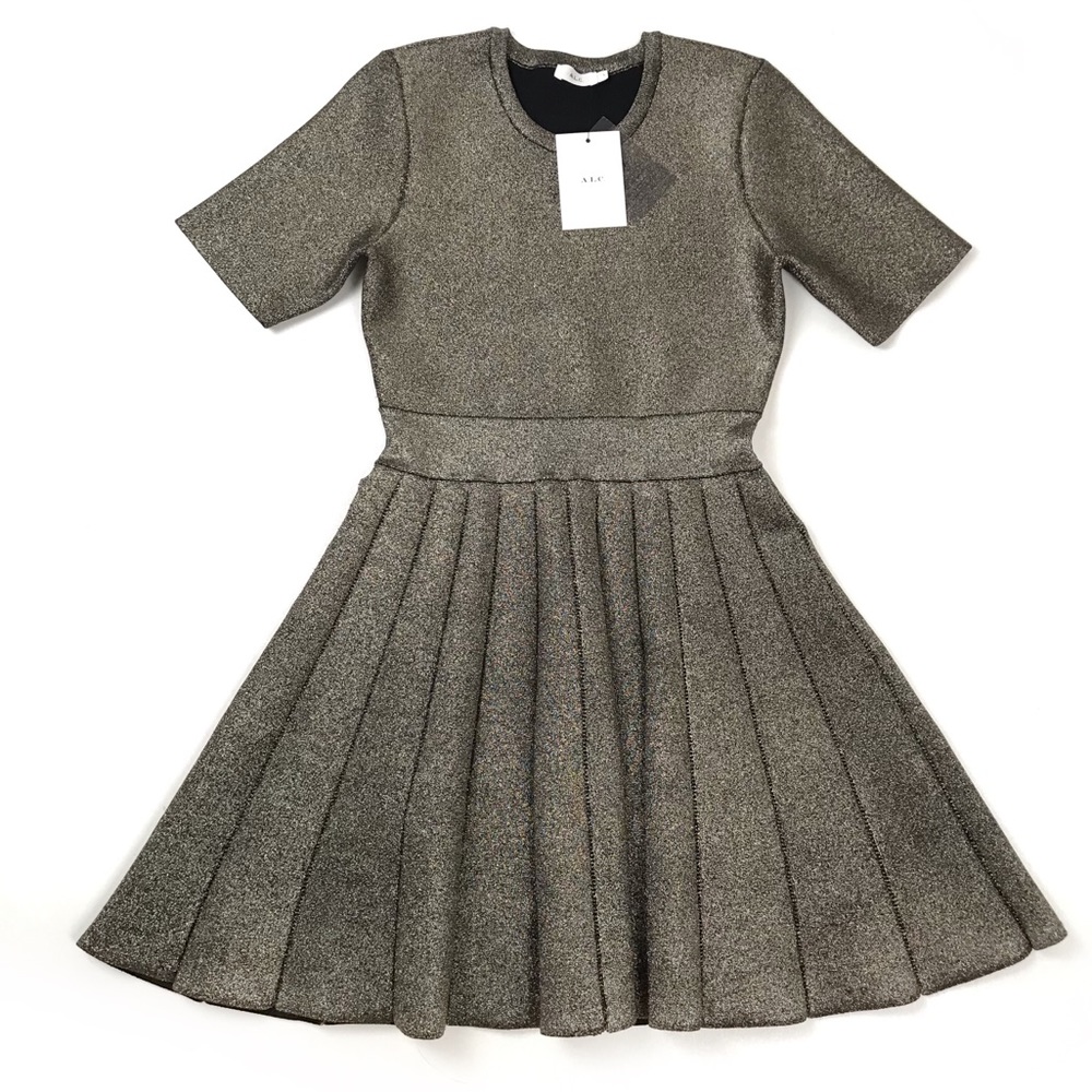 A.L.C. Susana Ponte Fit Flare A-Line Half Sleeve Dress in Metallic Gold - Picture 2 of 5